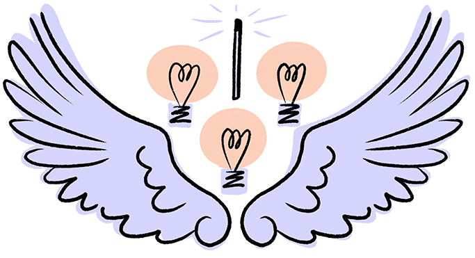 A drawing of three light bulbs, a wand and big wings, symbolising power and scale in your visual thinking journey