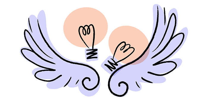 A drawing of two light bulbs and wings, symbolising great progress in your visual thinking journey