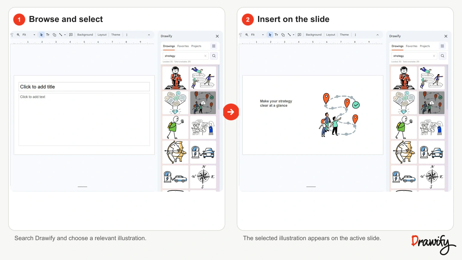Browsing a Drawify illustration and adding it to a Google Slides presentation
