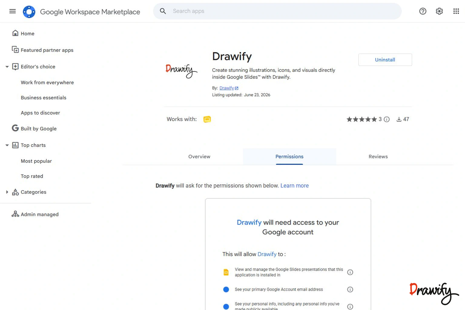 Google Workspace Marketplace permissions requested by the Drawify add-on