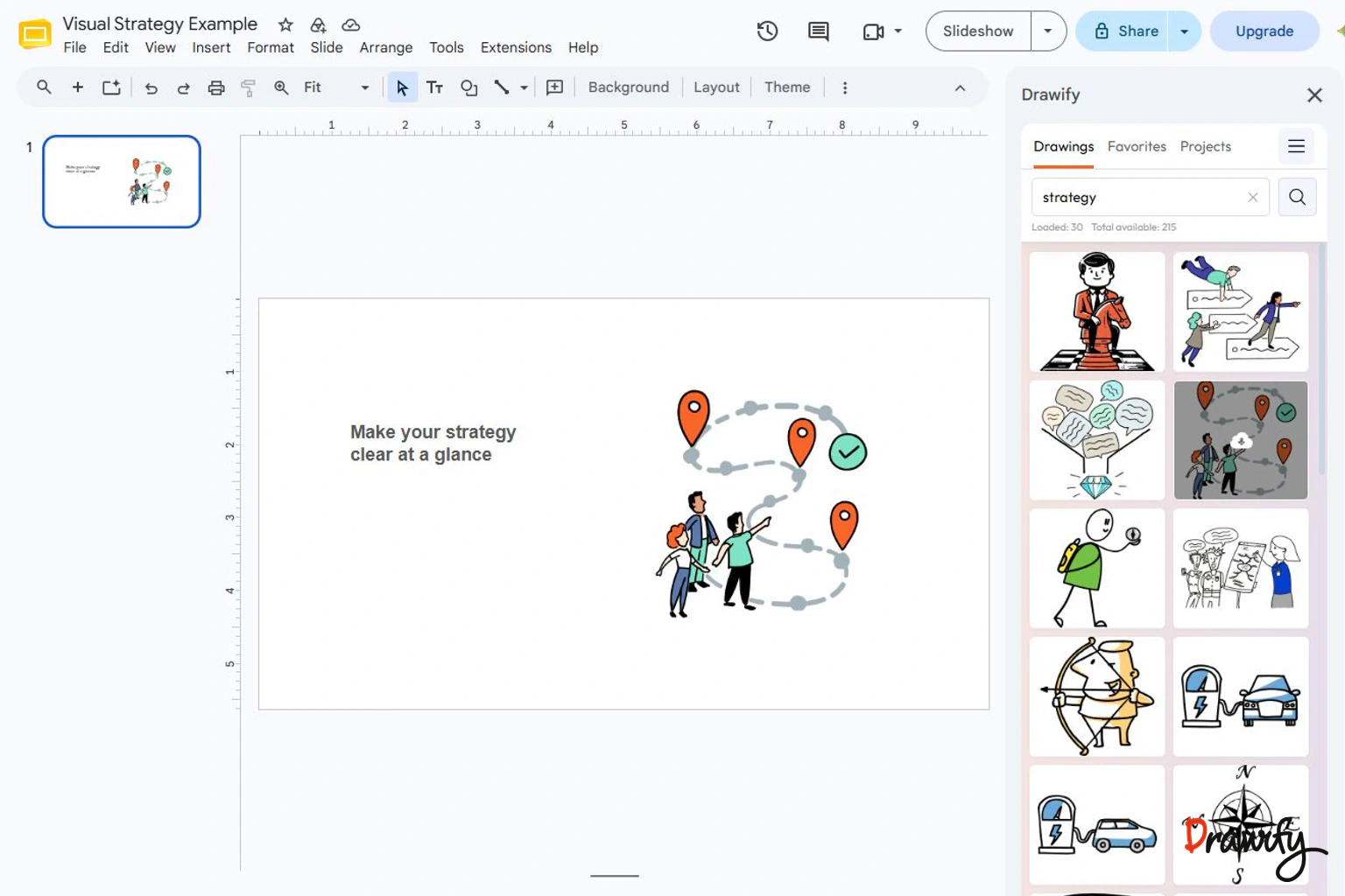 Drawify add-on open in Google Slides with hand-drawn visual assets available to insert