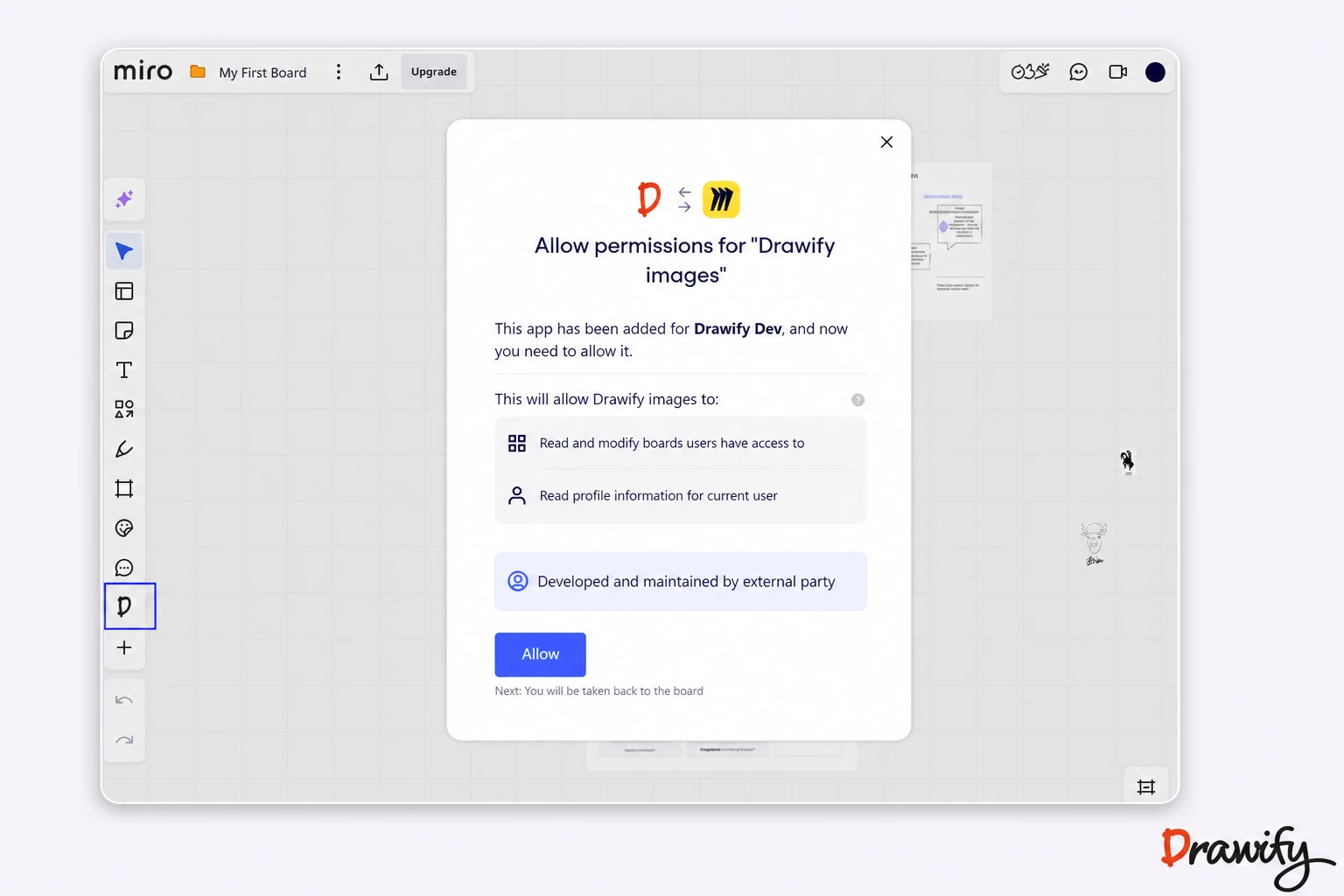 Miro permission screen showing the access requested by the Drawify images app