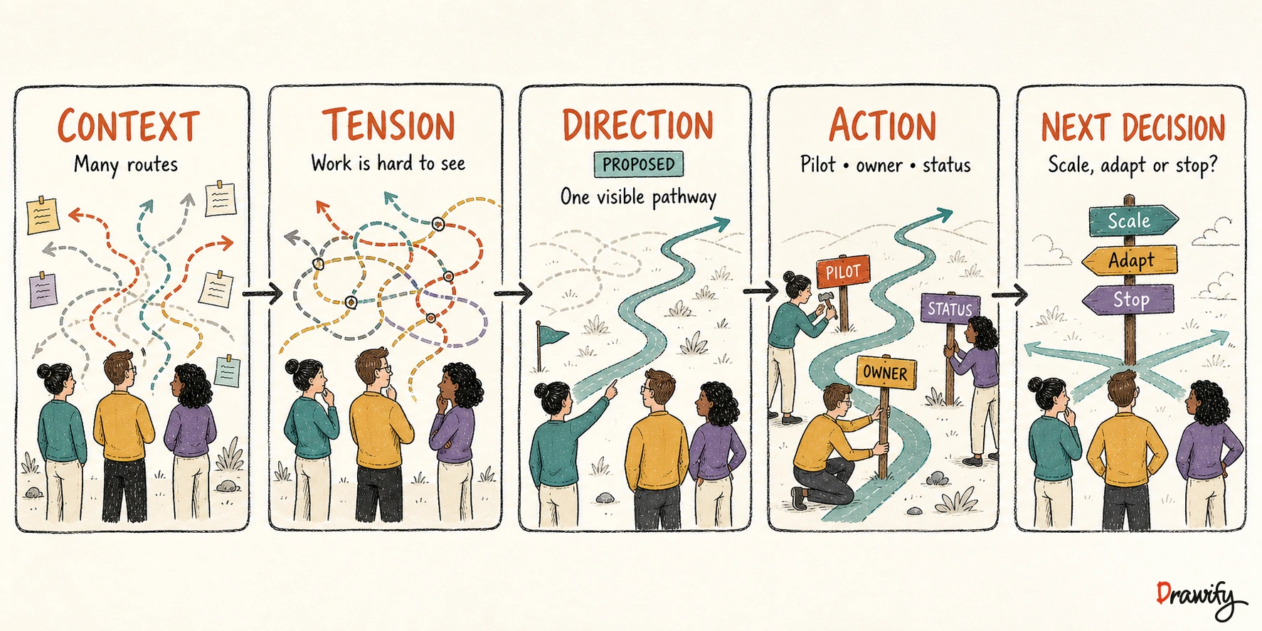 Hand-drawn presentation showing a connected story from context to next decision