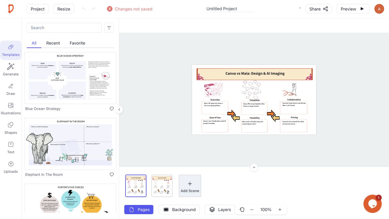 Completed editable hand-drawn Canva versus Maia comparison generated by Maia inside Drawify