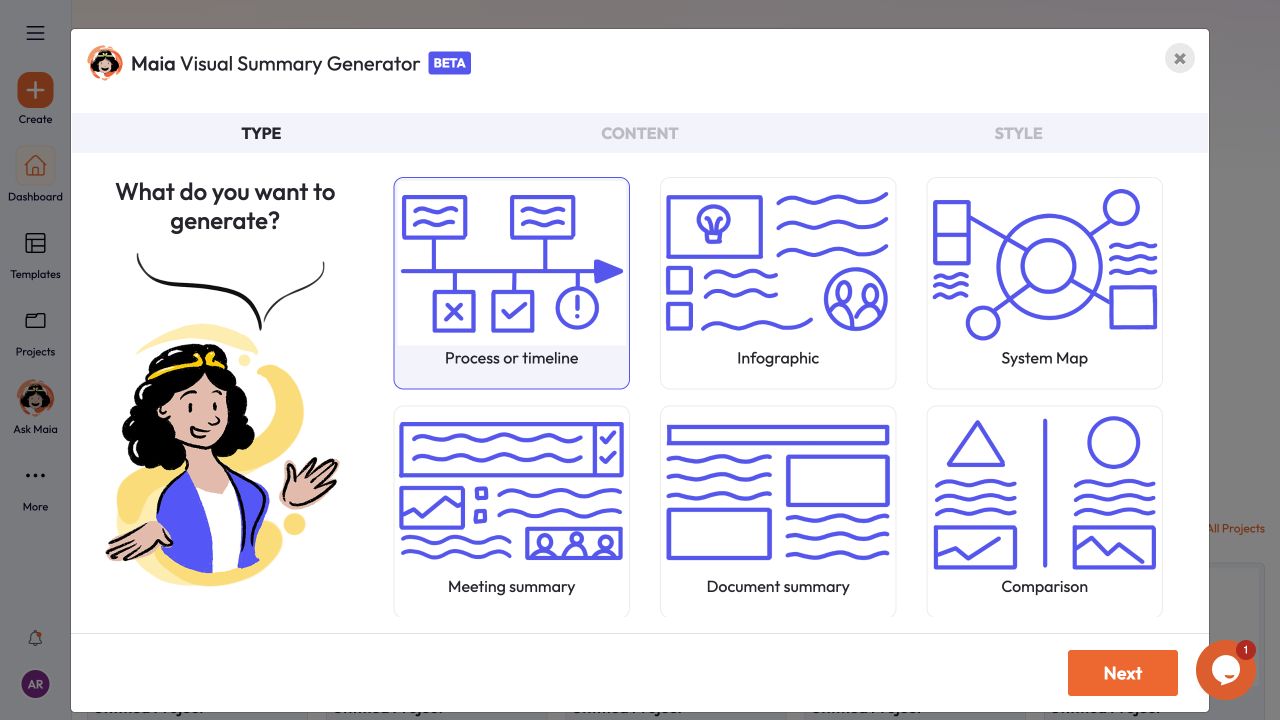 Process or timeline visibly selected in Maia inside Drawify