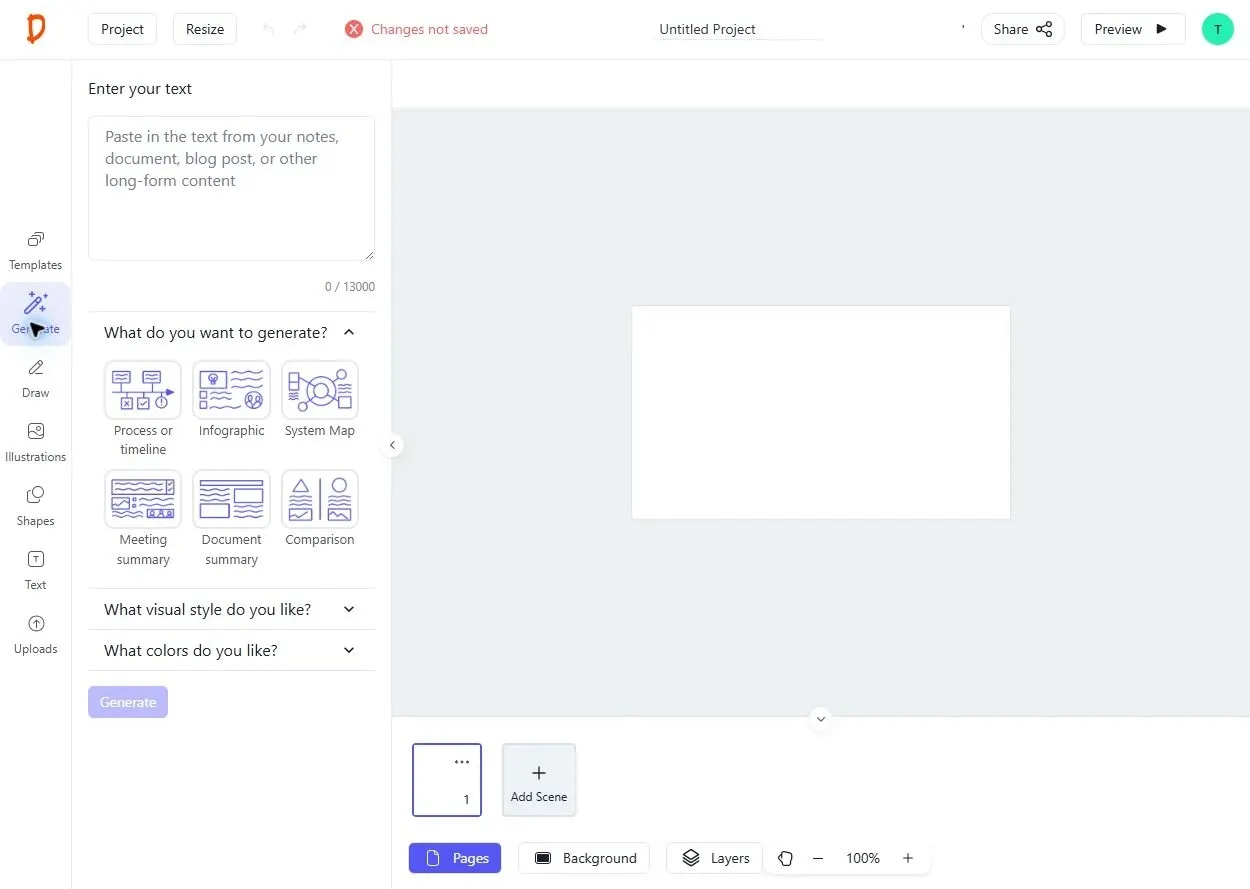 Drawify editor showing the text input used to define the message for a visual story