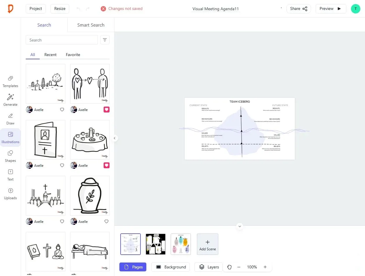 Drawify editor showing a visual story being composed with artist-created illustrations, a template and multiple scenes