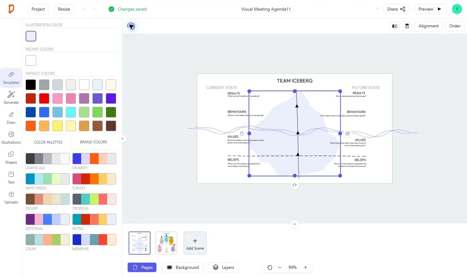 Drawify editor showing illustration color palettes and customization controls for a visual story